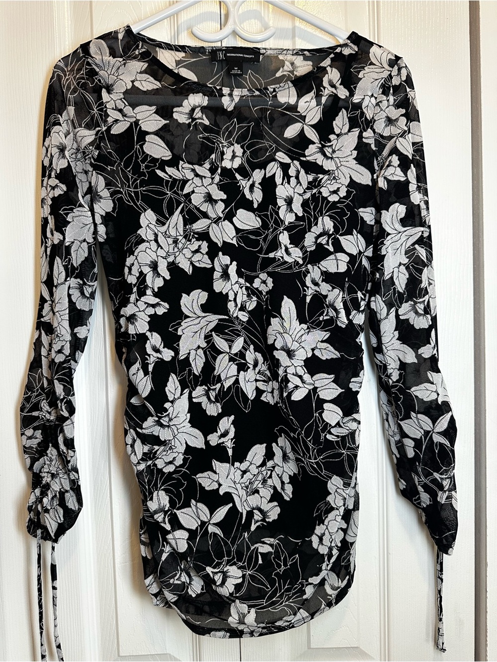INC International Concepts Black and White Floral Long-Sleeve Top